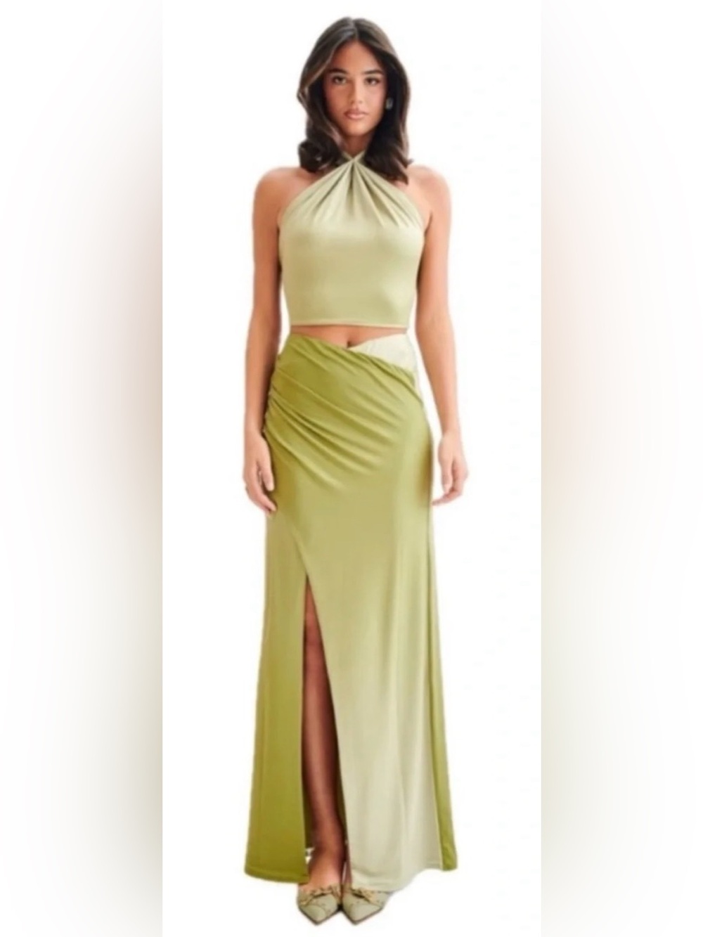 Meshki Olive Green Halter Crop Top & Skirt Set